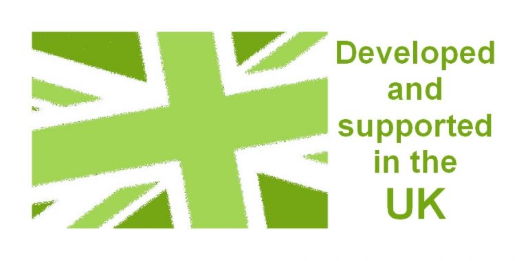 Union Jack flag in easyLog green with text stating all our software is developed and supported in the UK
